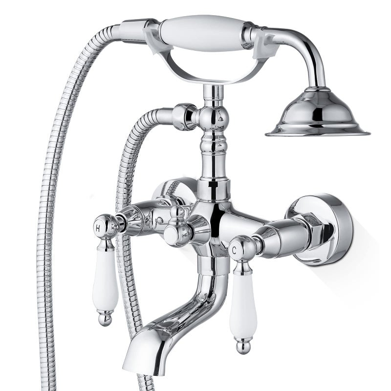 Airuida Wall Mount Bathtub Shower Faucet Kit with Telephone Shaped Handheld Sprayer Double Hot and Cold Water Mixer Tap Wall Mounted Tub Filler Set Vintage Style Lever Handles Chrome Polish - Image 1